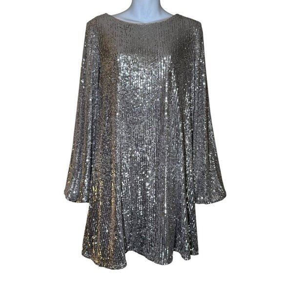Vylette Dresses & Skirts - Vylette Silver Sequin Mini Party Dress W/ Bell Sleeves Women’s Size M